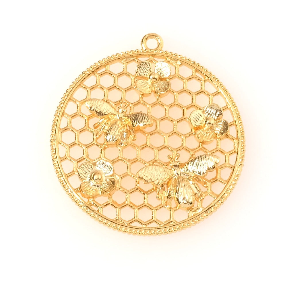 Pendentif ruche abeilles et fleurs en laiton doré à l'or fin 24K Premium