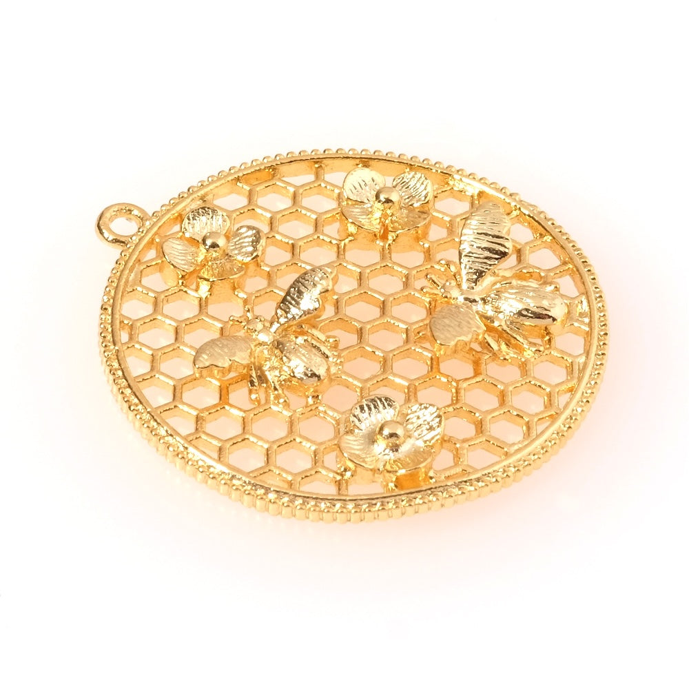 Pendentif ruche abeilles et fleurs en laiton doré à l'or fin 24K Premium