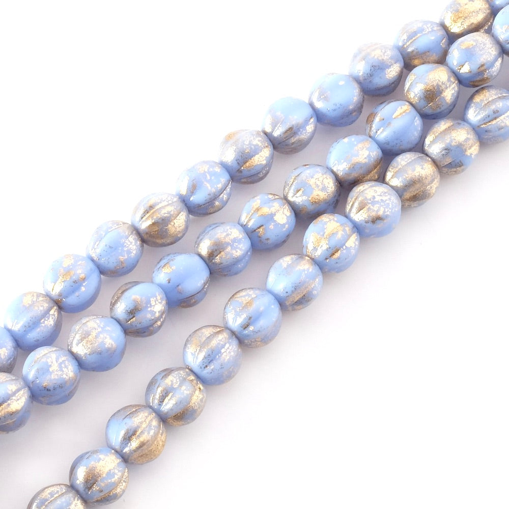 Fil de perles de Bohème rondes striées 6mm bleu doré