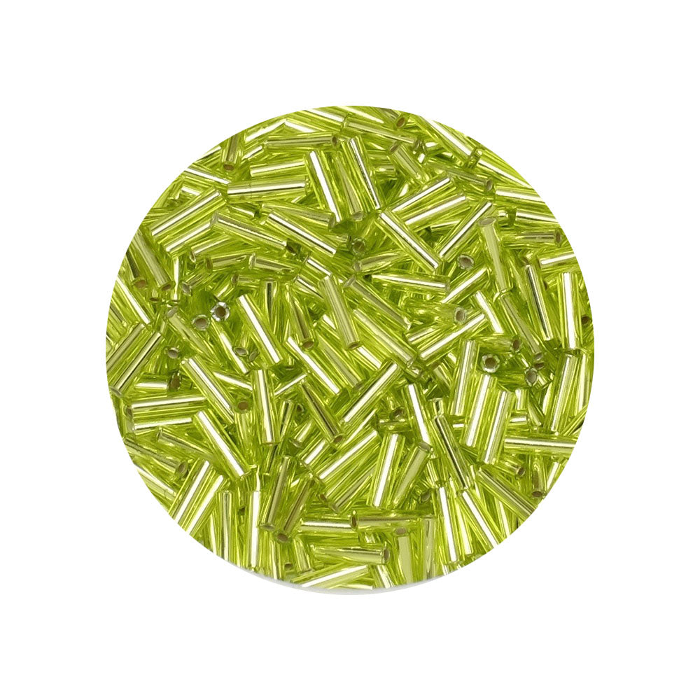 10 grammes de Miyuki Bugles 6x1,7mm N°0014 Chartreuse Silver Lined