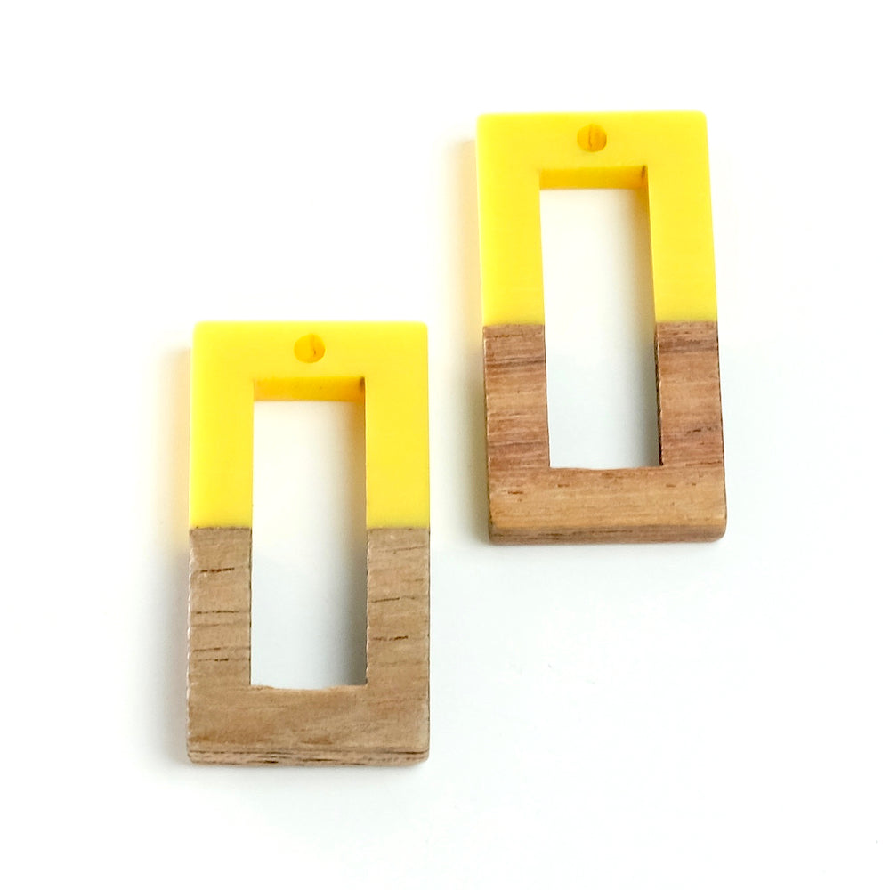 2 pendentifs Rectangle Bois et Résine Jaune