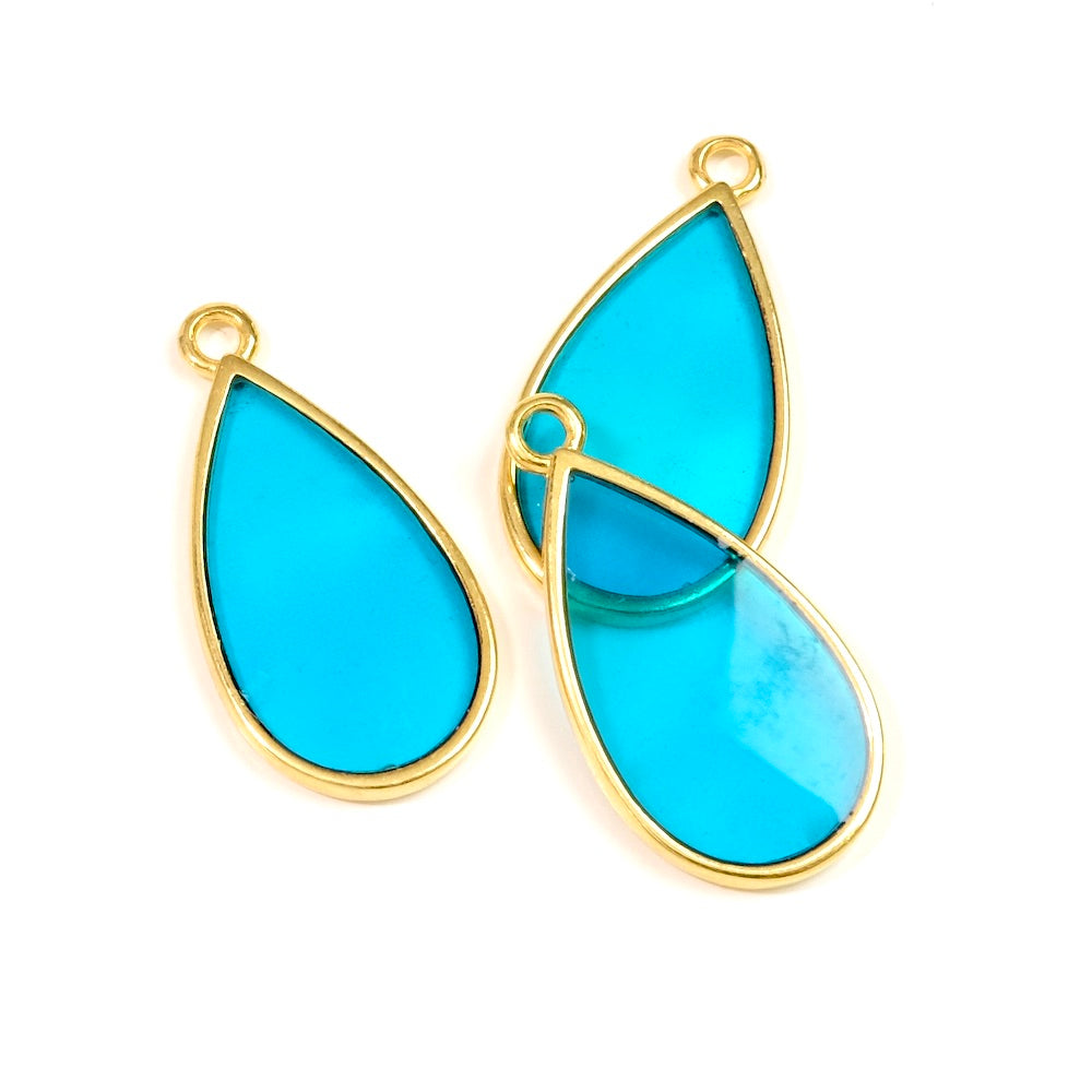 2 Pendentifs vitraux goutte en Zamak doré 24K Turquoise