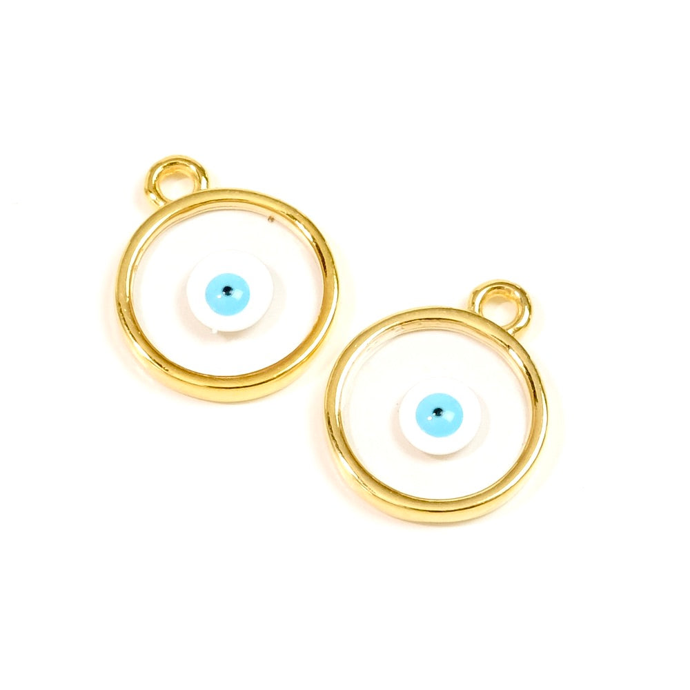 2 Pendentifs oeil émaillé rond en Zamak doré 24K