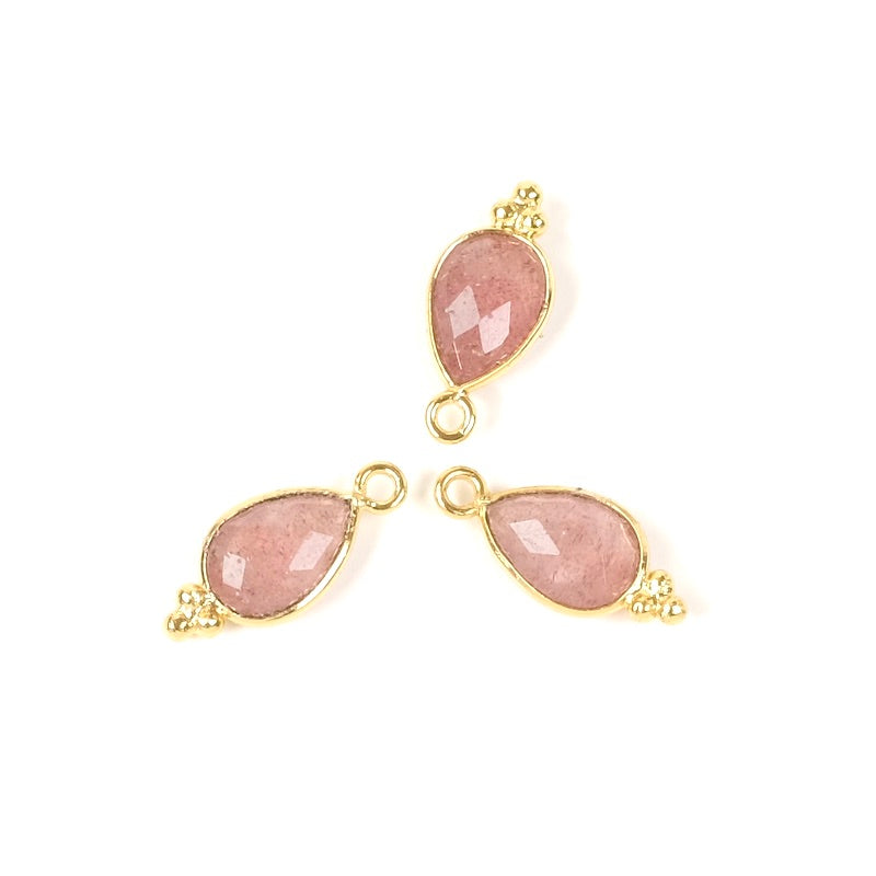 Pendentif serti goutte bohème Quartz fraise en laiton Doré à l&#39;or fin 24K