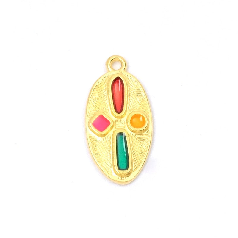 Pendentif ovale émaillé multicolore doré 24K