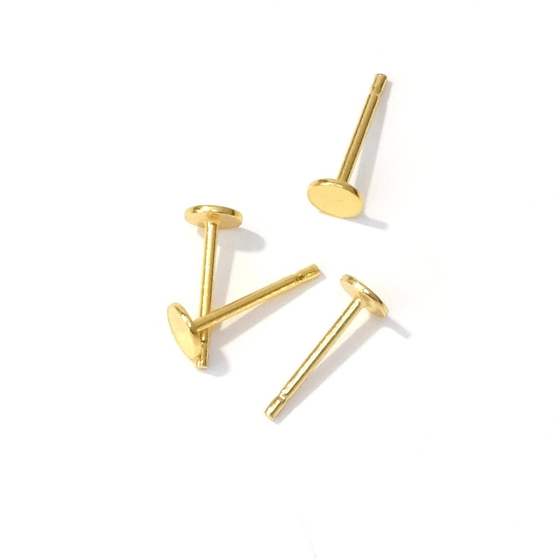 4 BO clous plateaux ronds 4mm à coller en laiton doré à l'or fin 24K Premium