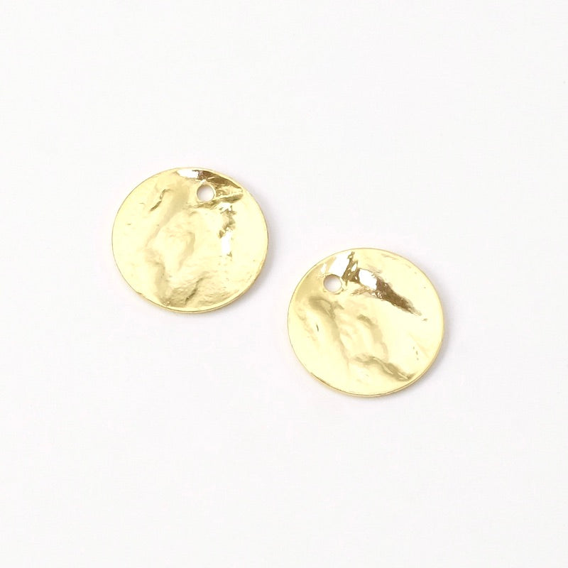 2 Pendentifs martelés 12mm en laiton Doré à l'or fin 24K Premium